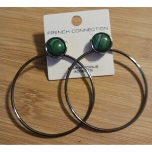 NEW French Connection Large Silver Circle Hoop Earrings w/ Green Stone Accents